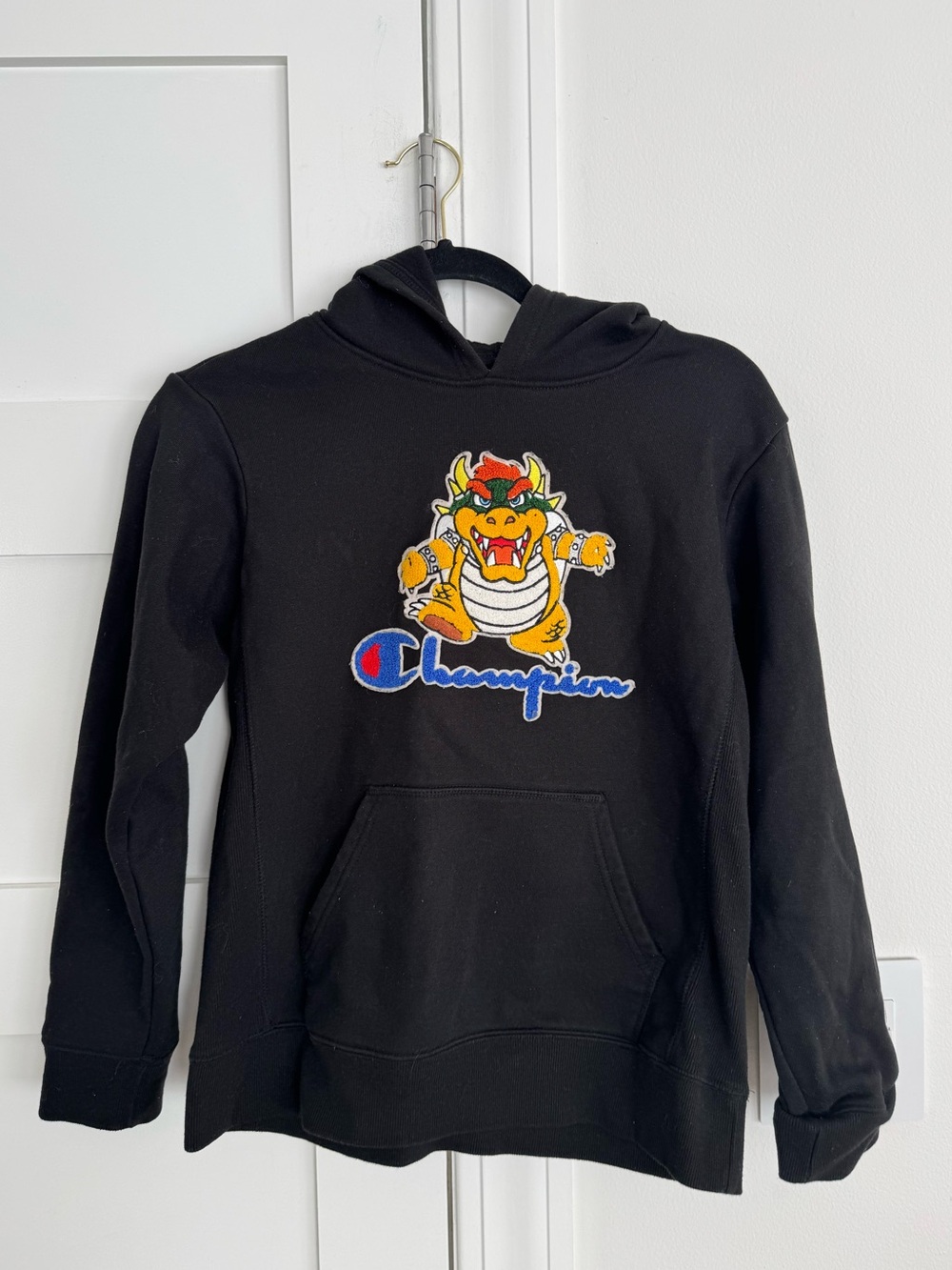 Champion X Super Mario Reverse Weave Bowser Kanji Black Hoodie Size L Youth